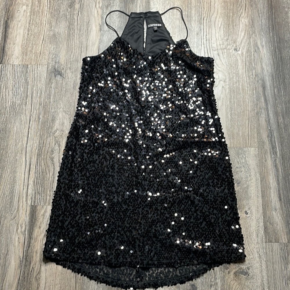 Express Women’s Sequin Little Black Dress, Spaghetti Stars, Keyhole Back, size S